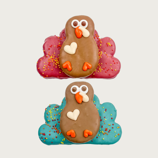 Two decorated dog cookies shaped like turkeys. Both have brown bodies, and piped eyes, beaks & feet. They are stacked cookies - the body is sitting on top of another cookie that's shaped like either red or teal feathers, with multicolored nonpareils.
