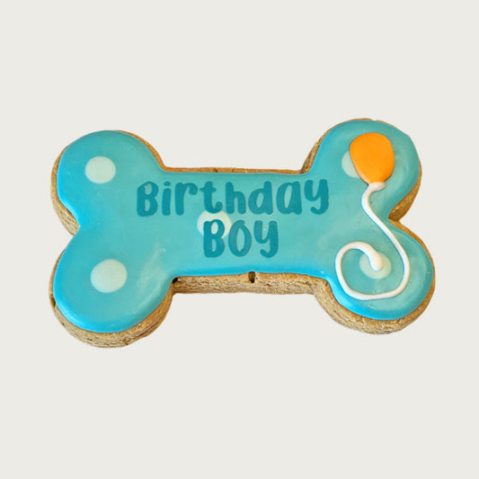 Dog bone-shaped cookie with 'Birthday Boy' text and balloon decoration on a teal blue background.