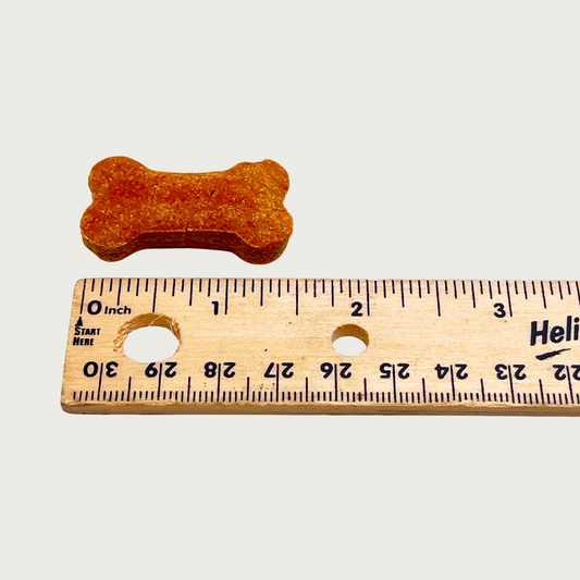 One bone treat next to a ruler to show size. It is just under 1.5" long.