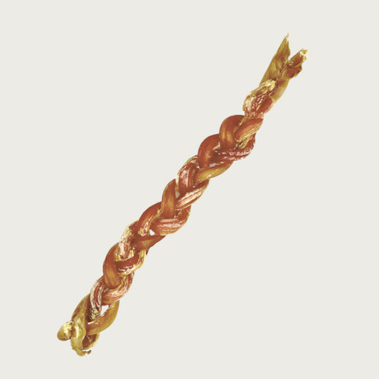 Single, thinly braided dog chew. Tan to reddish brown in color.