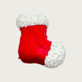 Load image into Gallery viewer, Dog cookie in the shape of a red Christmas stocking with white cuff & toe.