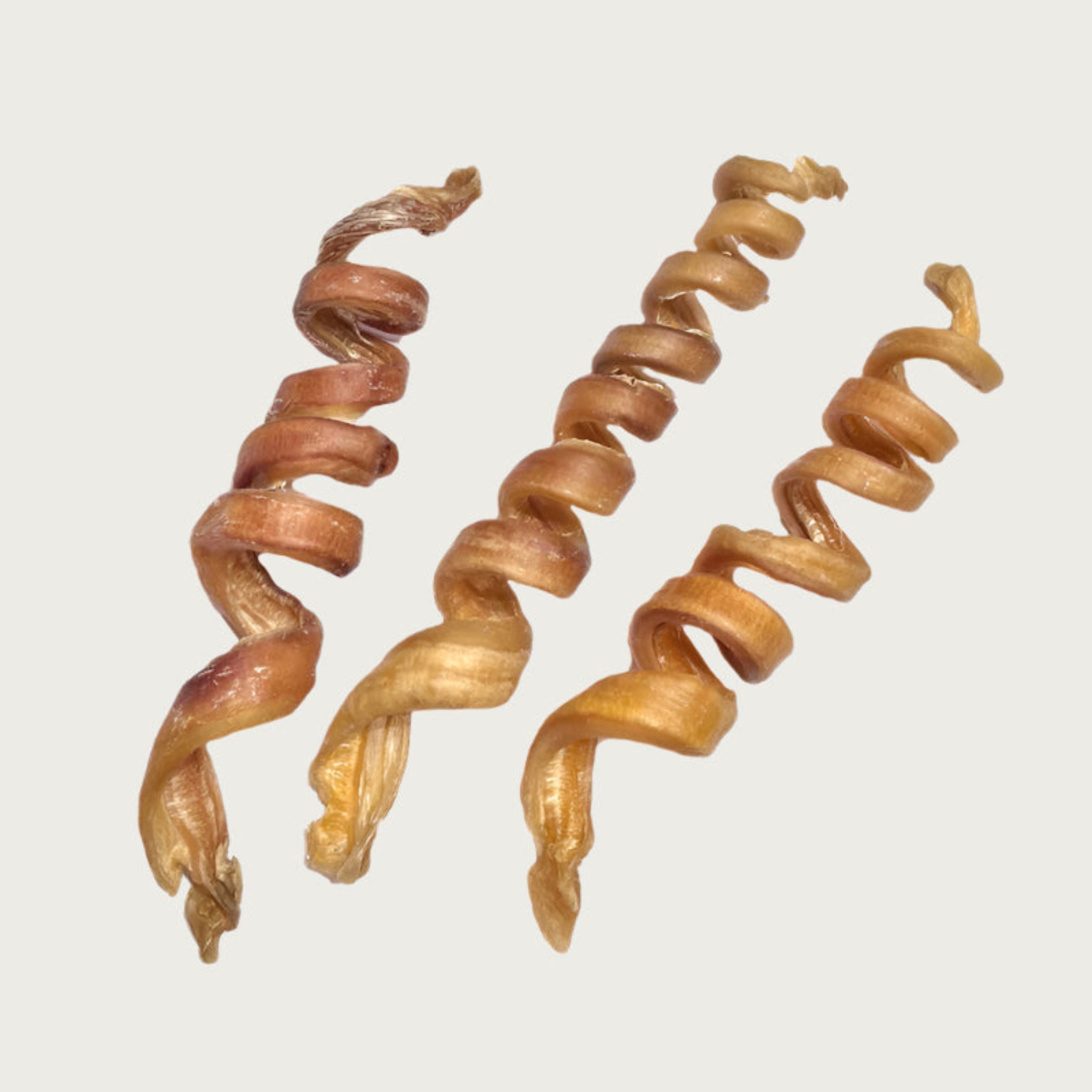 Three Curly dog chews side by side. They are tan to light brown in color, and look like long springs.