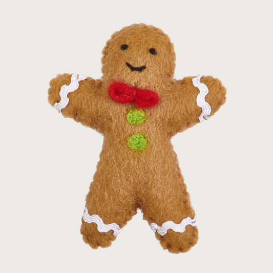 Gingerbread man shaped, felt cat toy. Details: simple smiley face, red bow tie, green buttons, and white "icing" trim on arms & legs.