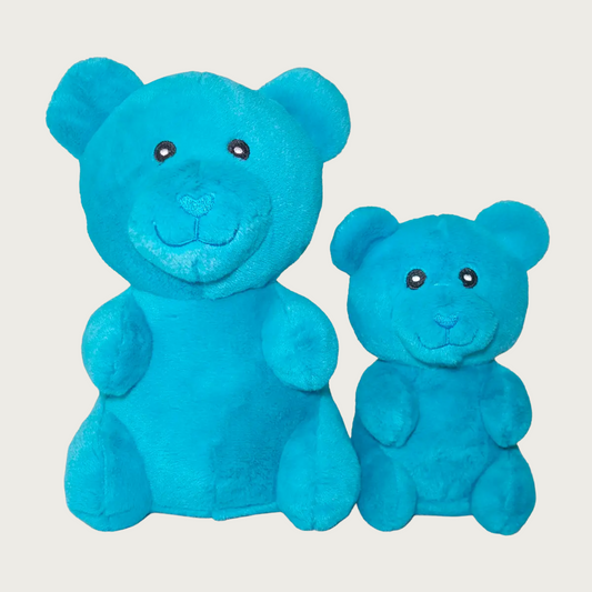 Two plush turquoise blue gummy bear shaped dog toys, side by side to show size difference.