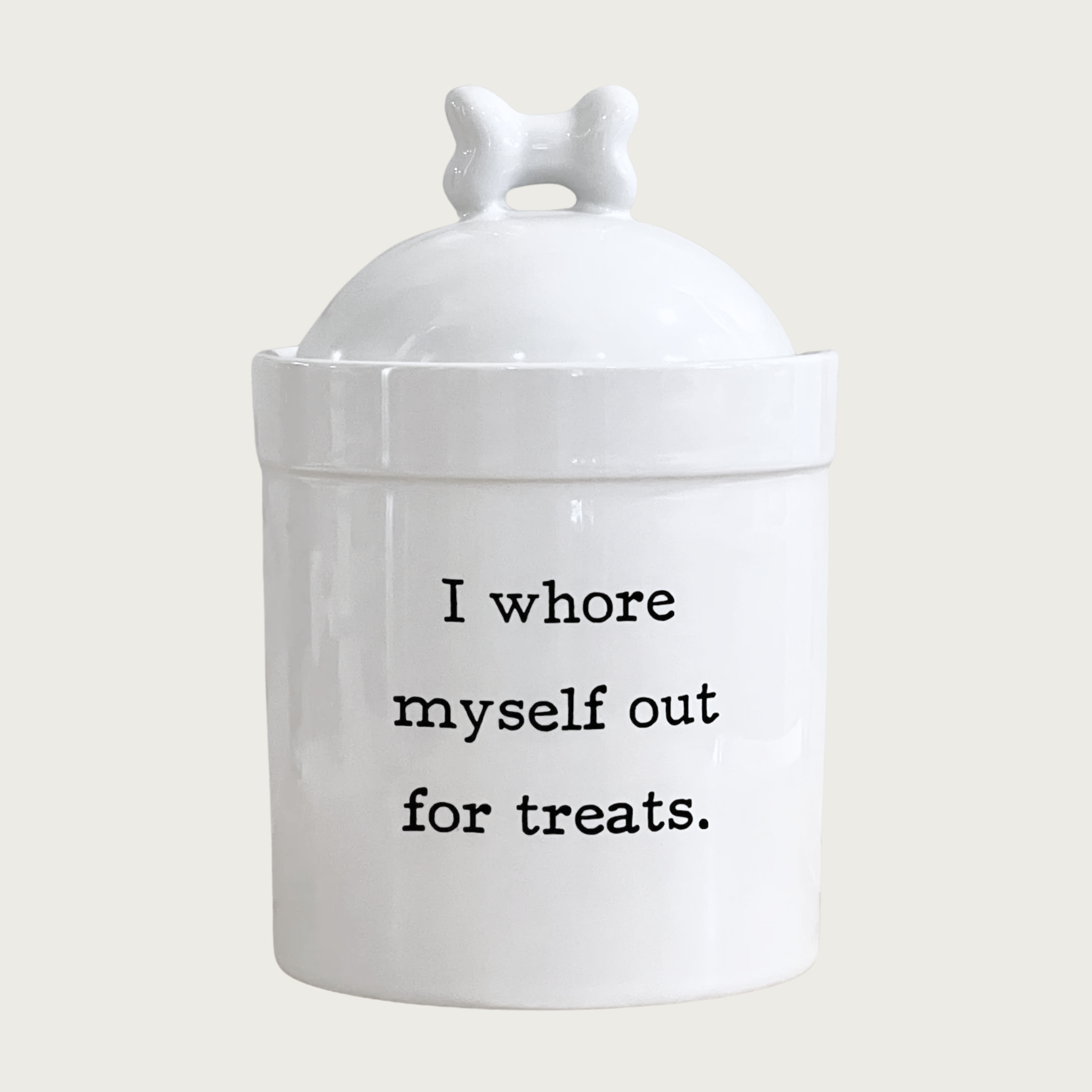 White ceramic dog treat jar with bone-topped lid. Sarcastic text in center reads "I whore myself out for treats." in black.