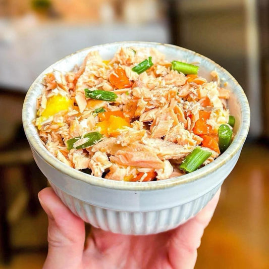 A bowl of salmon meal topper for pets, made with wild-caught salmon, mango, asparagus, and carrot pieces.