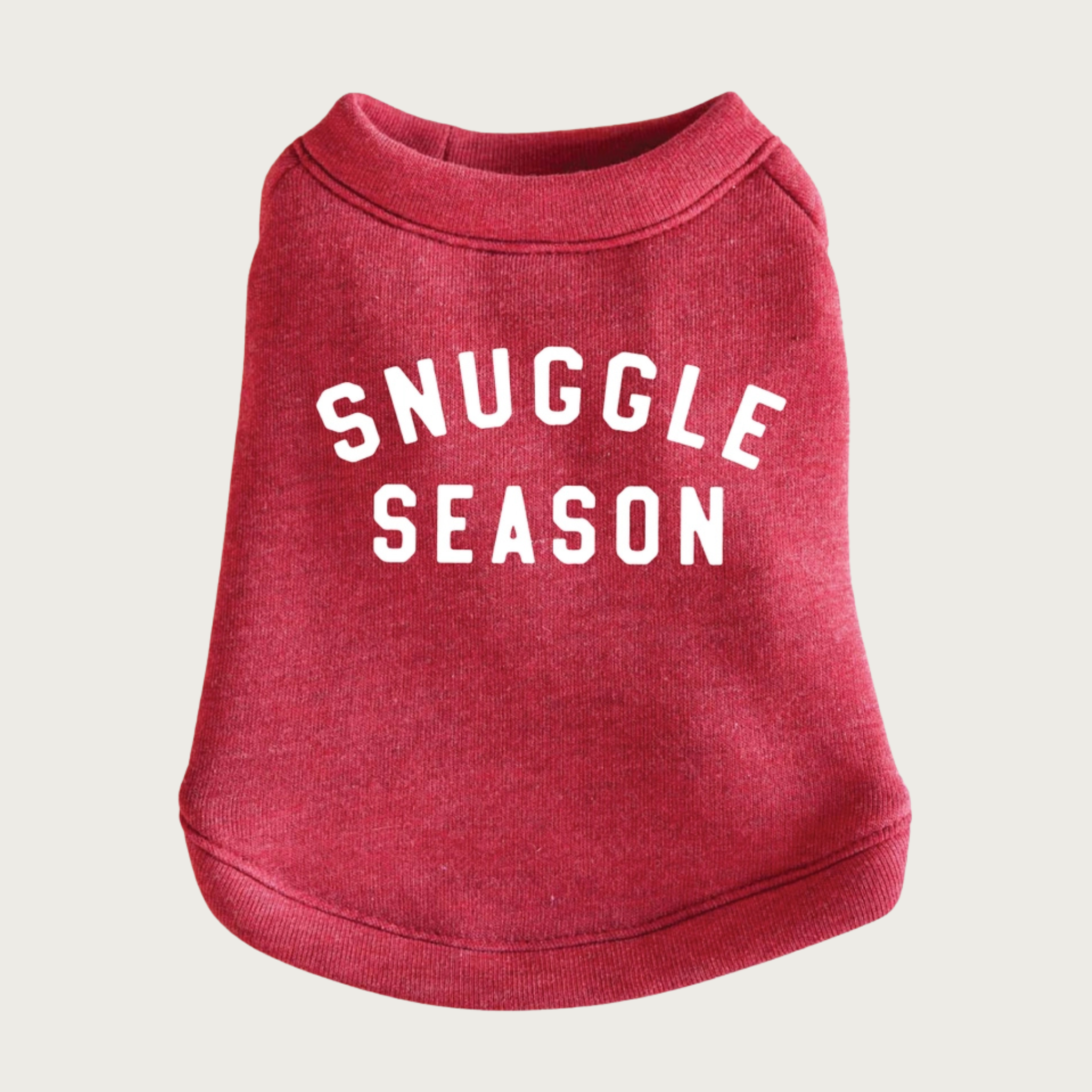 Heathered cranberry red pet sweatshirt with 'SNUGGLE SEASON' text in white capital letters on the back.