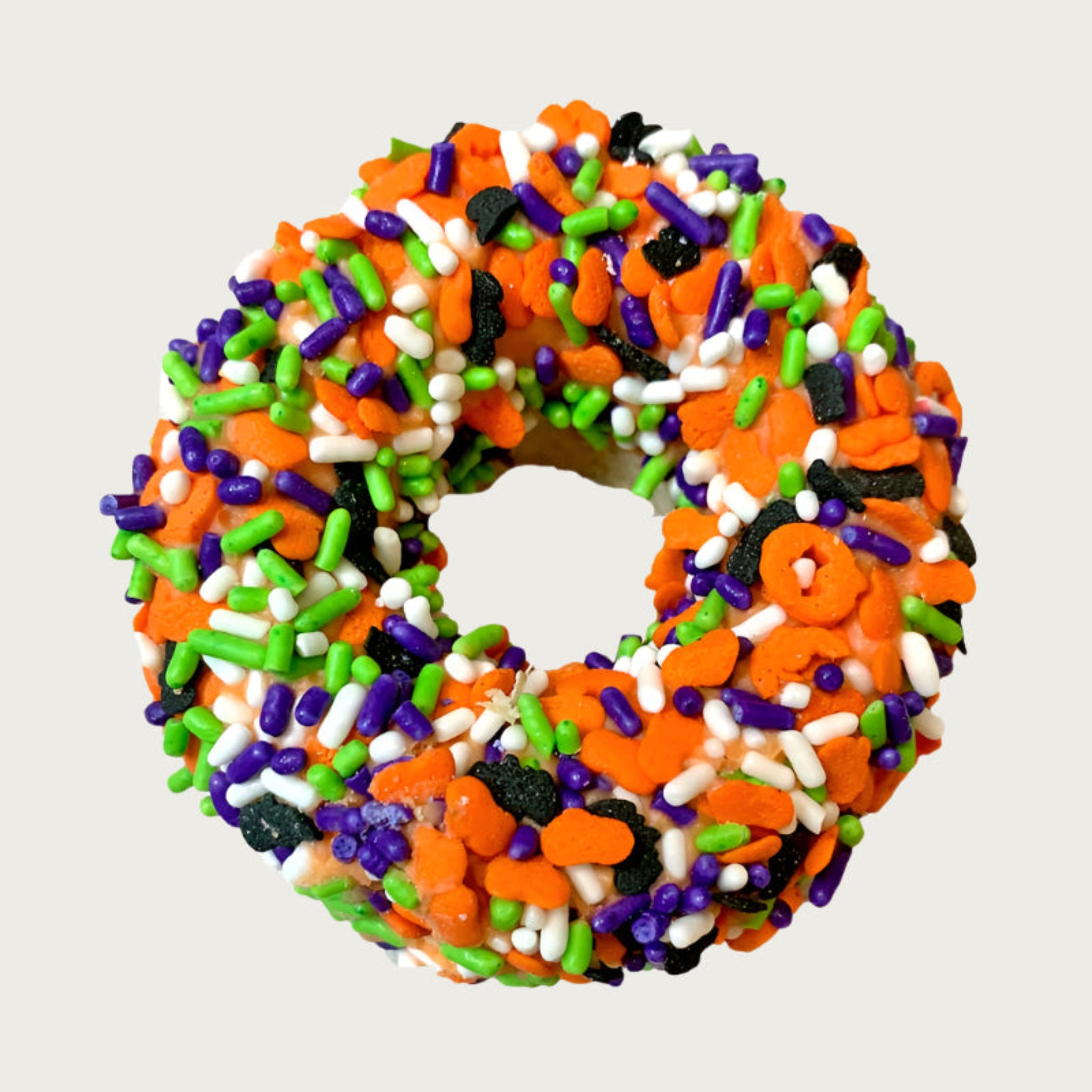 Thick, donut-shaped dog cookie decorated with sprinkles in bright Halloween colors: orange, black, white, purple & lime green.