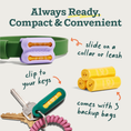Load image into Gallery viewer, Poomergency kit removed from packaging, and staged to show application, with added text. Text at top of image reads "Always ready, compact & convenient". The collar clip is on a collar, with text that reads "slide on a collar or leash", the keychain holder is on a set of keys, with text that reads "clip to your keys", and three tightly rolled yellow poop bags, with text that reads "comes with 3 backup bags".