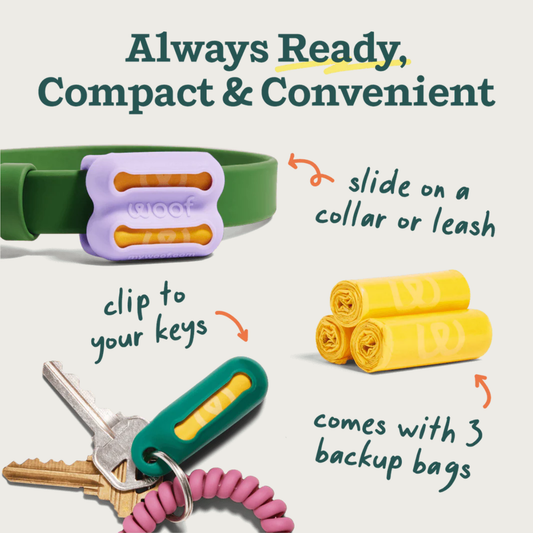 Poomergency kit removed from packaging, and staged to show application, with added text. Text at top of image reads "Always ready, compact & convenient". The collar clip is on a collar, with text that reads "slide on a collar or leash", the keychain holder is on a set of keys, with text that reads "clip to your keys", and three tightly rolled yellow poop bags, with text that reads "comes with 3 backup bags".