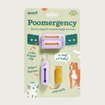 Load image into Gallery viewer, Poomergency-Lavender product in packaging. There is a light purple collar & leash clip with 2 slit openings, helpful keychain with 1 slit opening, and an example tightly rolled poop bag.