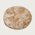 Load image into Gallery viewer, Round, plush pet bed made with faux fur in shades of beige, brown and cream in a subtle marbled pattern.