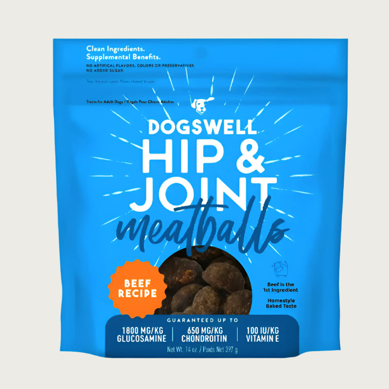14 oz blue bag of Dogswell Hip & Joint Meatballs, Beef Recipe treats for adult dogs. Beef is the first ingredient, homestyle baked taste. Clean ingredients. Supplemental benefits. Small clear window shows product inside - small, brown meatballs.