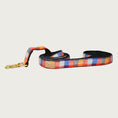 Load image into Gallery viewer, Checkered plaid dog leash in shades of orange, mustard yellow, and blue.