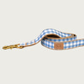 Load image into Gallery viewer, Dog leash with medium blue and white gingham check pattern.