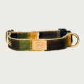 Load image into Gallery viewer, Dog collar with a wide-set plaid pattern, in earthy shades of olive green, black, and mustard yellow.