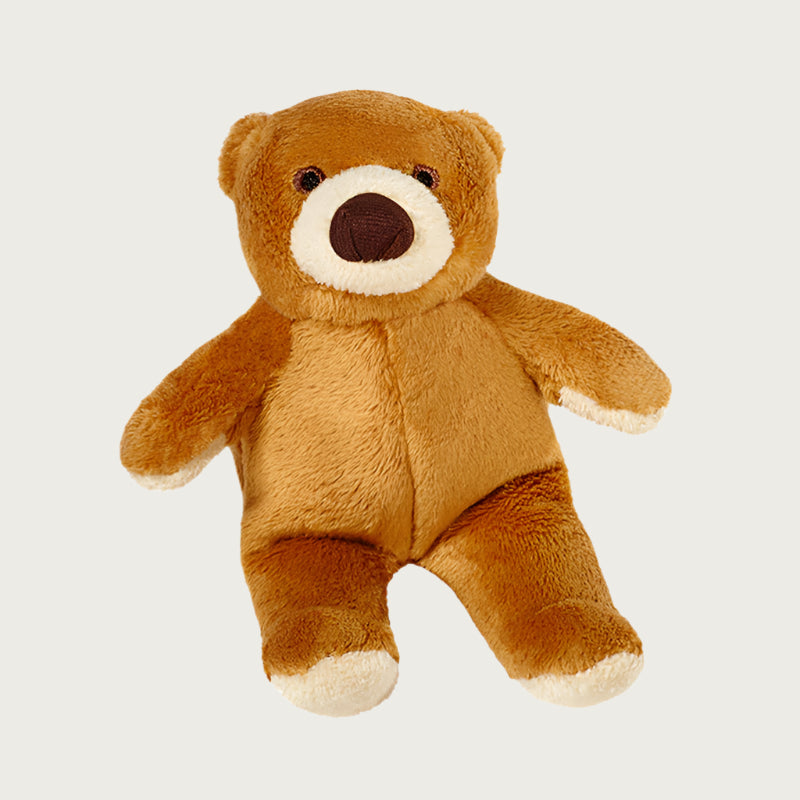 Plush Cubby Bear dog toy from Fluff & Tuff. Classic teddy bear design with a dark tan body, cream muzzle and paws, with embroidered eyes.