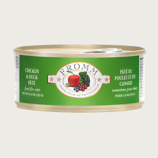 A 5.5 oz can of Fromm cat food chicken & duck pâté.