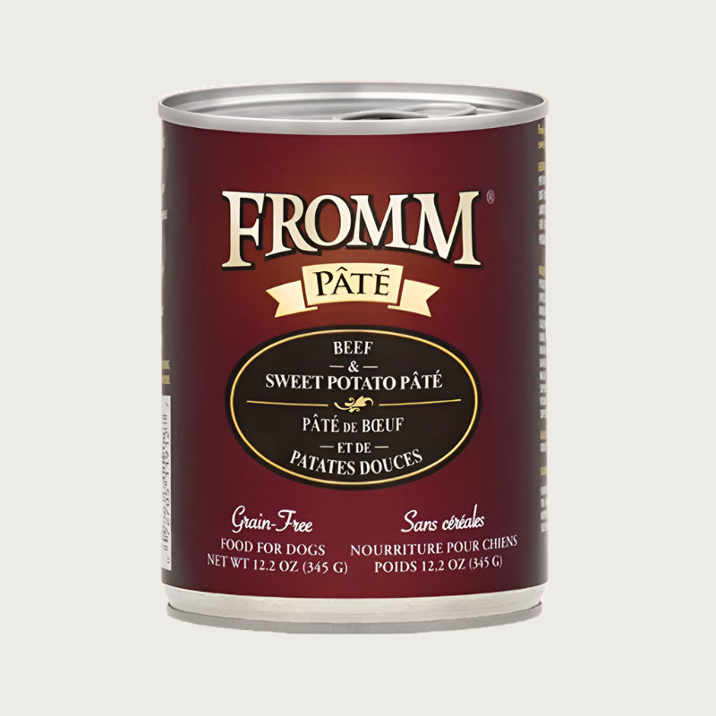 A 12.2 oz can of Fromm beef and sweet potato pâté dog food. Grain free.