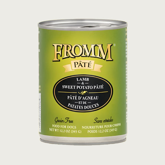A 12.2 oz can of Fromm lamb and sweet potato pâté dog food. Grain free.