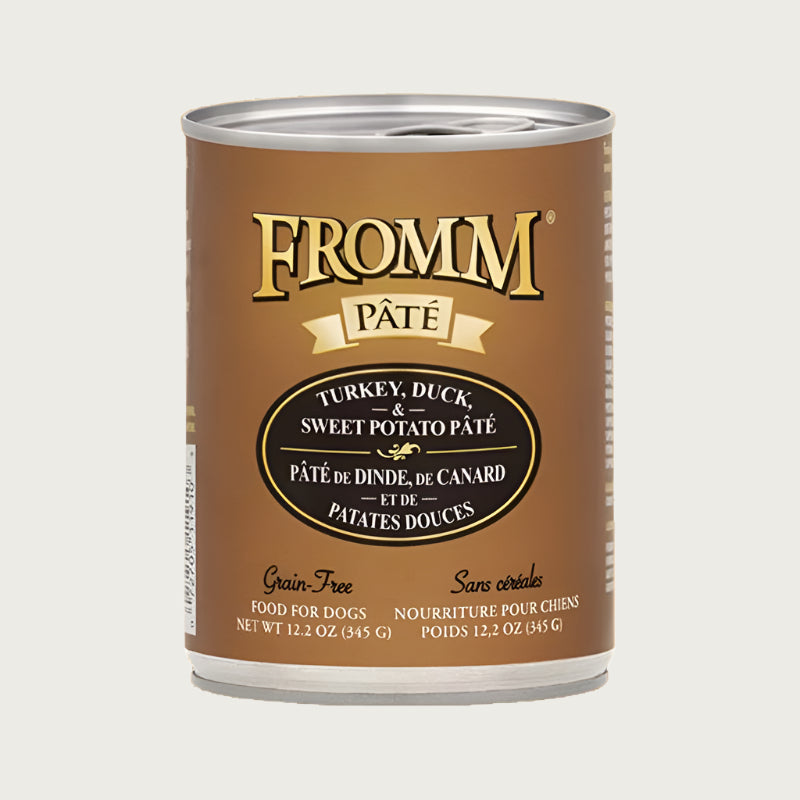 A 12.2 oz can of Fromm turkey, duck and sweet potato pâté dog food. Grain free.