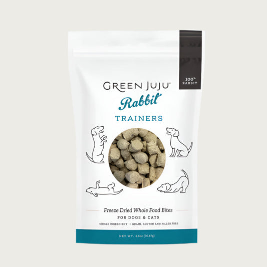 Green Juju Rabbit Trainers freeze dried whole food bites for dogs and cats in a 2.5 ounce bag. Single ingredient treat that is free of grain, gluten and fillers.