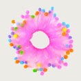 Load image into Gallery viewer, Decorative birthday themed dog collar, resembling a large hair scrunchie or clown collar. Its hot pink tulle ribbons are each topped off with a different color pom pom.