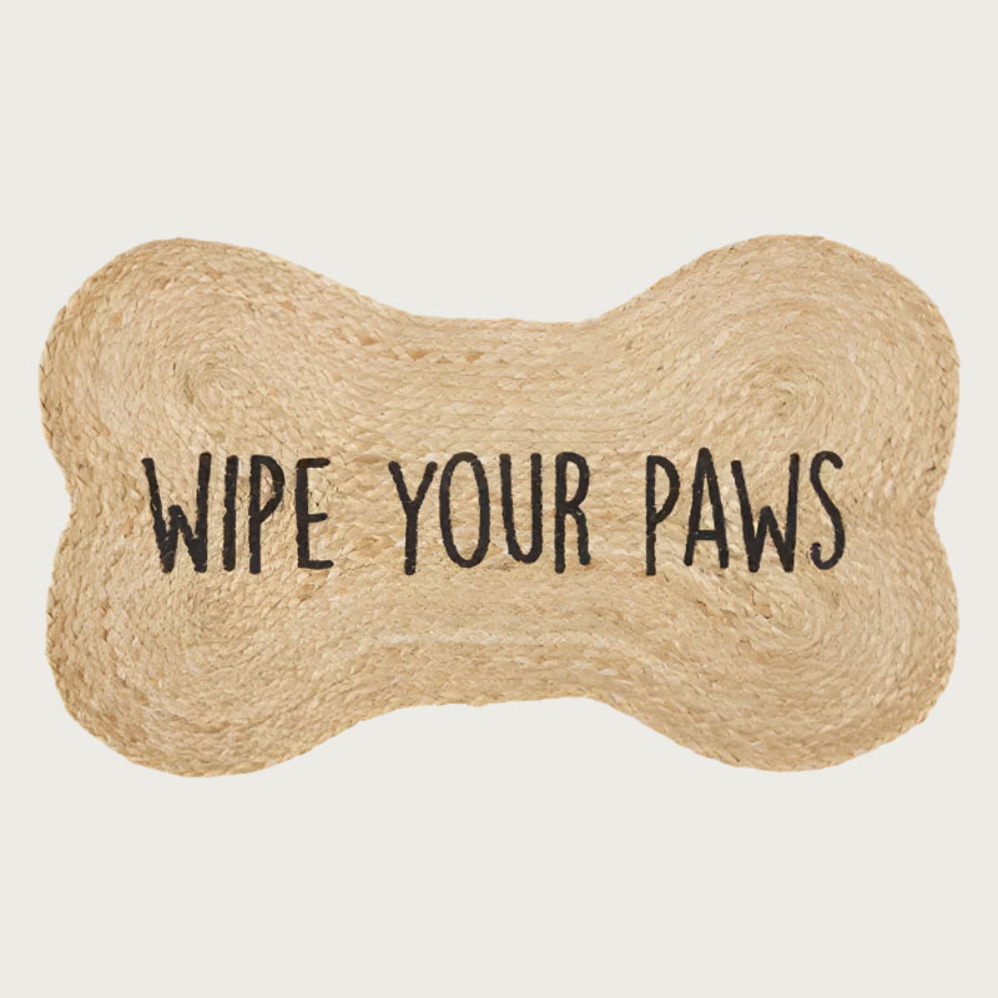 Natural jute, dog bone-shaped doormat with 'Wipe Your Paws' in black text.