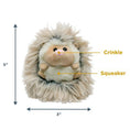 Load image into Gallery viewer, Frontal view of the Baby Hedgehog dog toy with additional information. Arrows show 5" vertical height and 3" width. "Squeaker" points to its belly and "Crinkle" points to its nose.