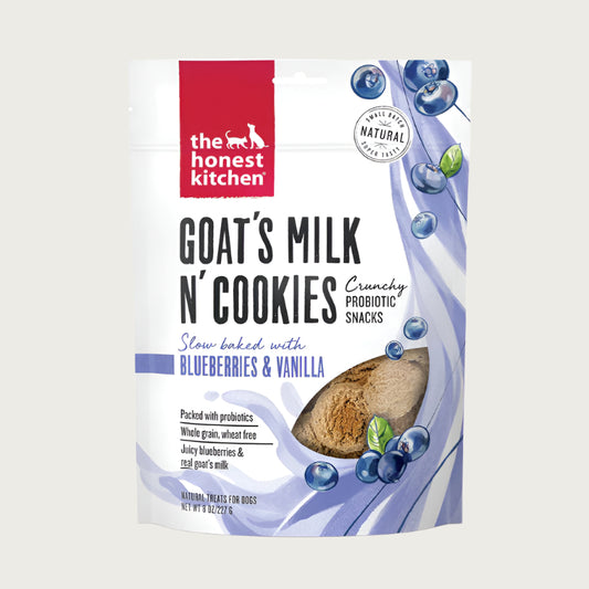 8 oz bag of The Honest Kitchen Goat's Milk N' Cookies crunchy probiotic snacks, slow baked with blueberries & vanilla. Whole grain, wheat free, juicy blueberries & real goat's milk. Dog treats.