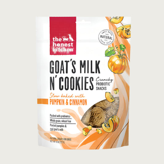 8 oz bag of The Honest Kitchen Goat's Milk N' Cookies crunchy probiotic snacks, slow baked with pumpkin & cinnamon. Whole grain, wheat free, pureed pumpkin & real goat's milk. Dog treats.