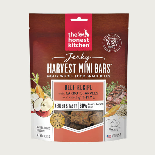 4 oz bag of Harvest Mini Bars from The Honest Kitchen, meaty whole food snack bites, beef recipe jerky dog treats. 80% ranch raised beef. Tender & tasty. Human grade. Small transparent window on front shows product inside: reddish brown squares.