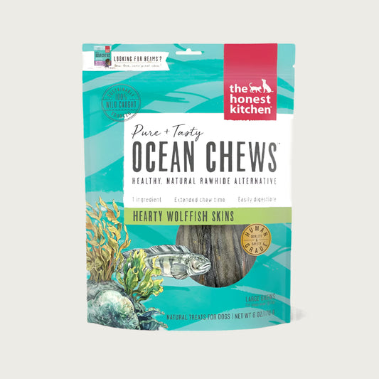 6 oz bag of The Honest Kitchen Pure & Tasty Ocean Chews, Hearty Wolffish Skins. Healthy, natural rawhide alternative; 1 ingredient, extended chew time, easily digestible large chews. Dog treat.