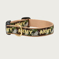 Load image into Gallery viewer, Camouflage dog collar with 'ARMY' text overlay in beige. Inner webbing is beige, and the collar has a black plastic clip and brass D-ring.
