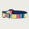 Load image into Gallery viewer, Vibrant, multicolored striped dog collar. Inner webbing is navy blue and the collar has a black plastic clip with brass D-ring.