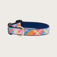 Load image into Gallery viewer, Dog collar with bright criss-cross plaid pattern in shades of pink, coral, blue and green. Inner webbing is navy blue, and the collar has a black plastic clip with brass D-ring.