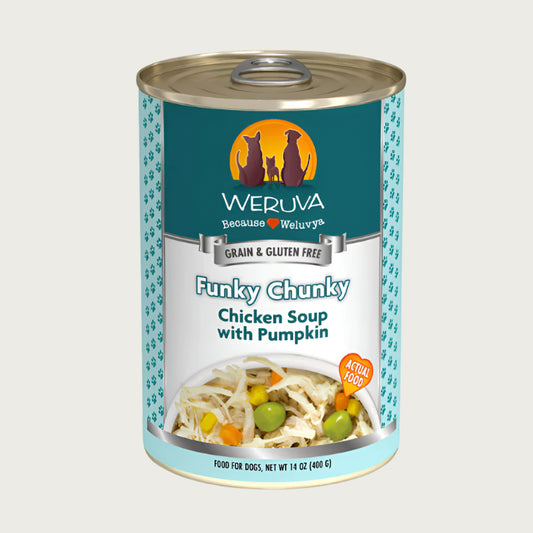 A 14 oz can with pull-top lid, of Weruva Funky Chunky chicken soup with pumpkin, wet food for dogs. Image on can shows actual food, which is shreds of chicken, peas, and small chunks of pumpkin.
