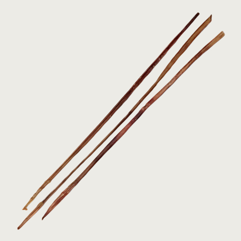 Three thick & long bully stick dog chews, shown side by side to view natural variations in shape and color.