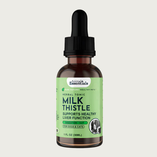 Brown glass dropper bottle of Animal Essentials Milk Thistle Herbal Tonic. "Pure Nature. Healthy Pets." Supports healthy liver function. For dogs & cats.