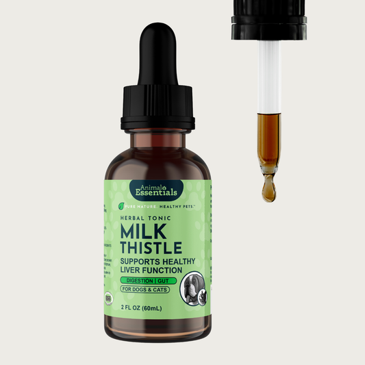 Brown glass dropper bottle of Animal Essentials Milk Thistle Herbal Tonic. "Pure Nature. Healthy Pets." Supports healthy liver function. For dogs & cats. 2 fl oz. Dropper is also in photo, with brown colored liquid in it.