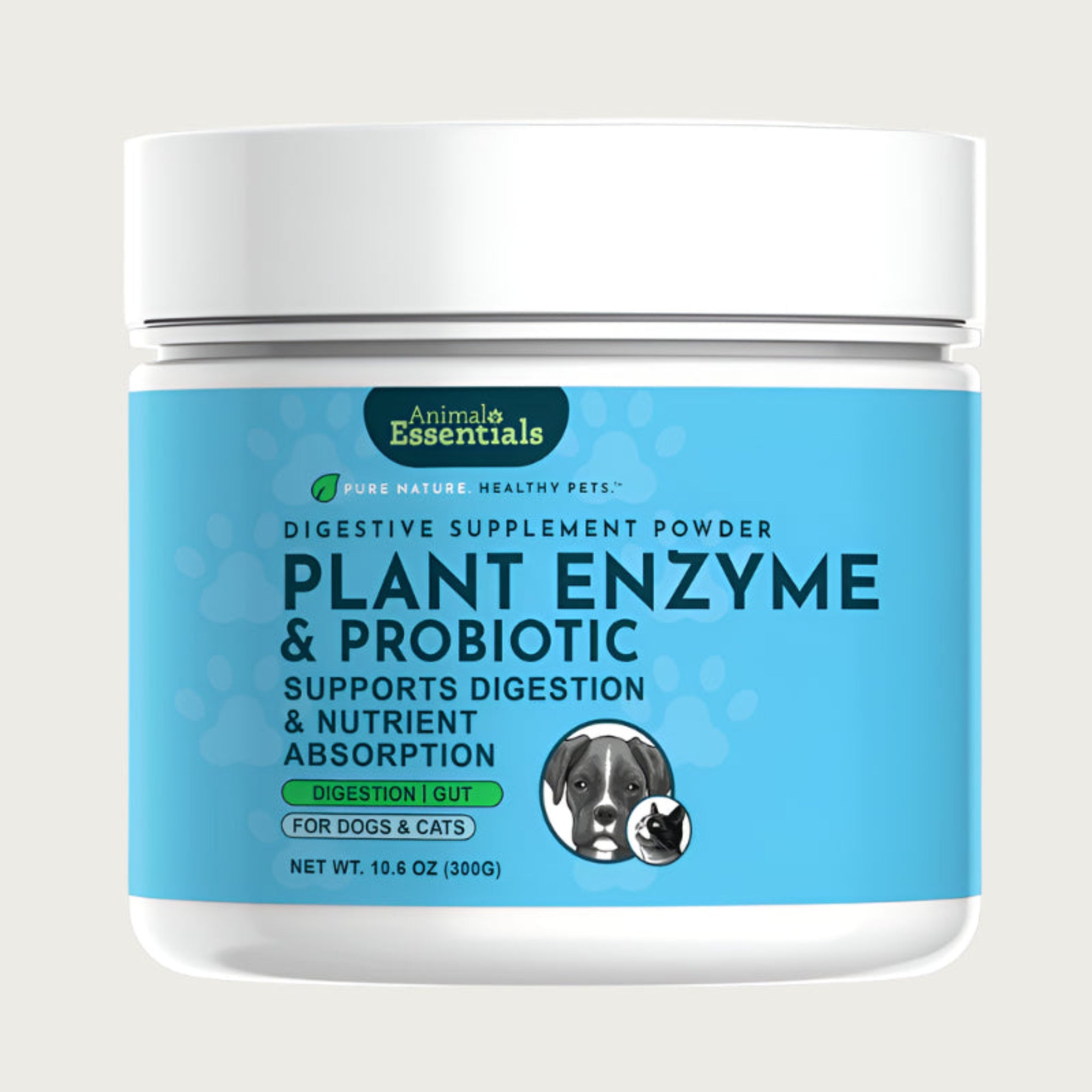 White plastic container of Animal Essentials Digestive Supplement Powder, Plant Enzyme & Probiotic. "Pure Nature. Healthy Pets" Supports digestion & nutrient absorption. For dogs & cats. Net Wt. 10.6 oz (300g).