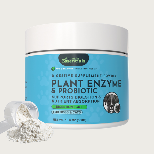 White plastic container of Animal Essentials Digestive Supplement Powder, Plant Enzyme & Probiotic. "Pure Nature. Healthy Pets" Supports digestion & nutrient absorption. For dogs & cats. Net Wt. 10.6 oz (300g). A photo of the enclosed scoop with white powder inside is pictured next to the container.