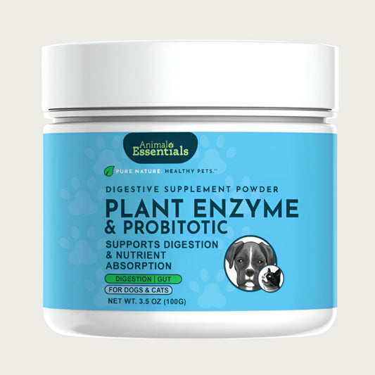 White plastic container of Animal Essentials Digestive Supplement Powder, Plant Enzyme & Probiotic. "Pure Nature. Healthy Pets" Supports digestion & nutrient absorption. For dogs & cats. Net Wt. 3.5 oz (100g).
