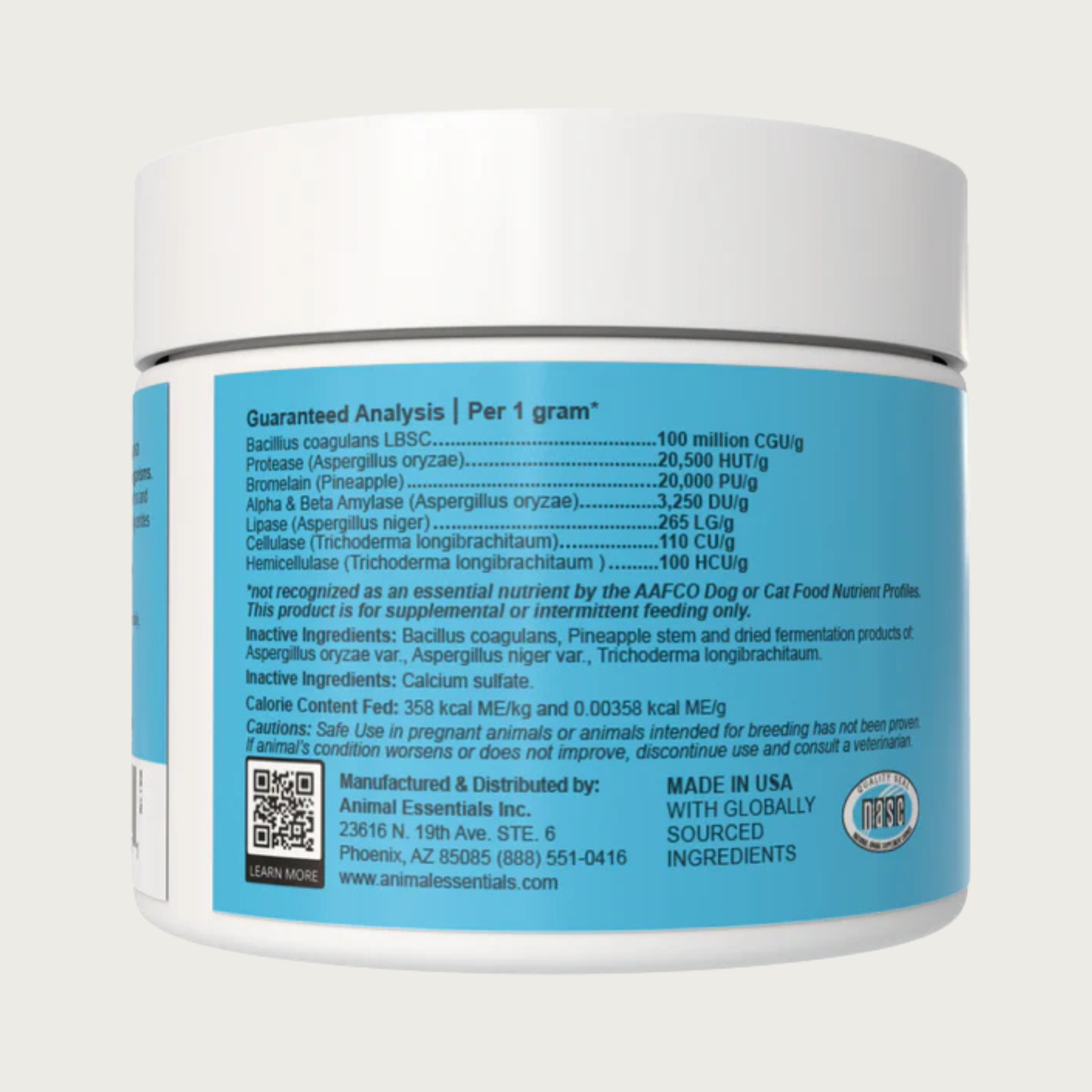 Back label of Animal Essentials Plant Enzyme and Probiotic. Gives detailed guaranteed analysis, company address, and sourcing info.
