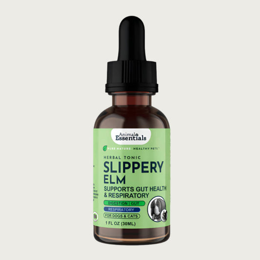 Brown glass dropper bottle of Animal Essentials Slippery Elm Herbal Tonic. "Pure Nature. Healthy Pets". Supports gut health & respiratory. For dogs & cats.