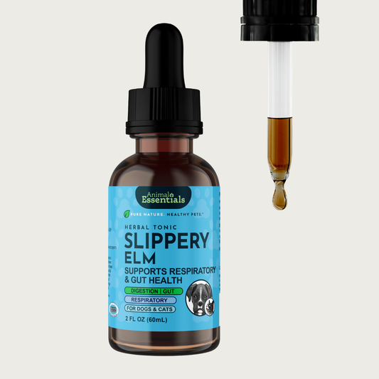Brown glass dropper bottle of Animal Essentials Slippery Elm Herbal Tonic. "Pure Nature. Healthy Pets". Supports respiratory & gut health. For dogs & cats. 2 fl oz. Dropper is also in photo, with brown colored liquid in it.