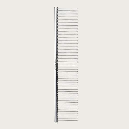 Straight silver metal comb, 1/2 with tightly spaced tines and 1/2 with wider spaced tines.
