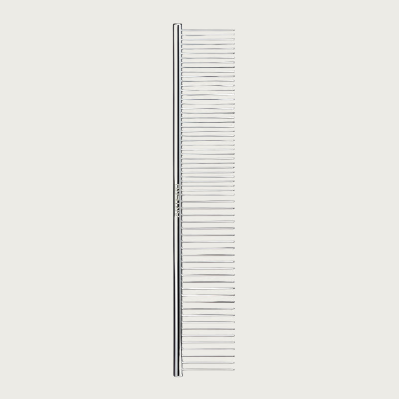 Straight silver metal comb, 1/2 with tightly spaced tines and 1/2 with wider spaced tines.