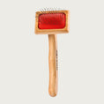 Load image into Gallery viewer, Pet slicker brush with bamboo body & handle, red rubber pad with thin metal pins, with coated tips. Size XS.
