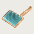 Load image into Gallery viewer, Pet slicker brush with bamboo body & handle and teal rubber pad with thin metal pins. Size L.
